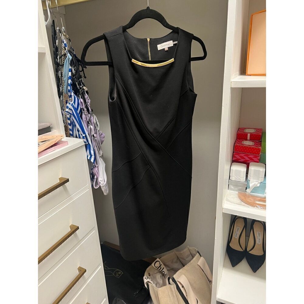 Calvin Klein Black Work Suiting Midi Dress with Gold Bar Neck Sleeveless size 2